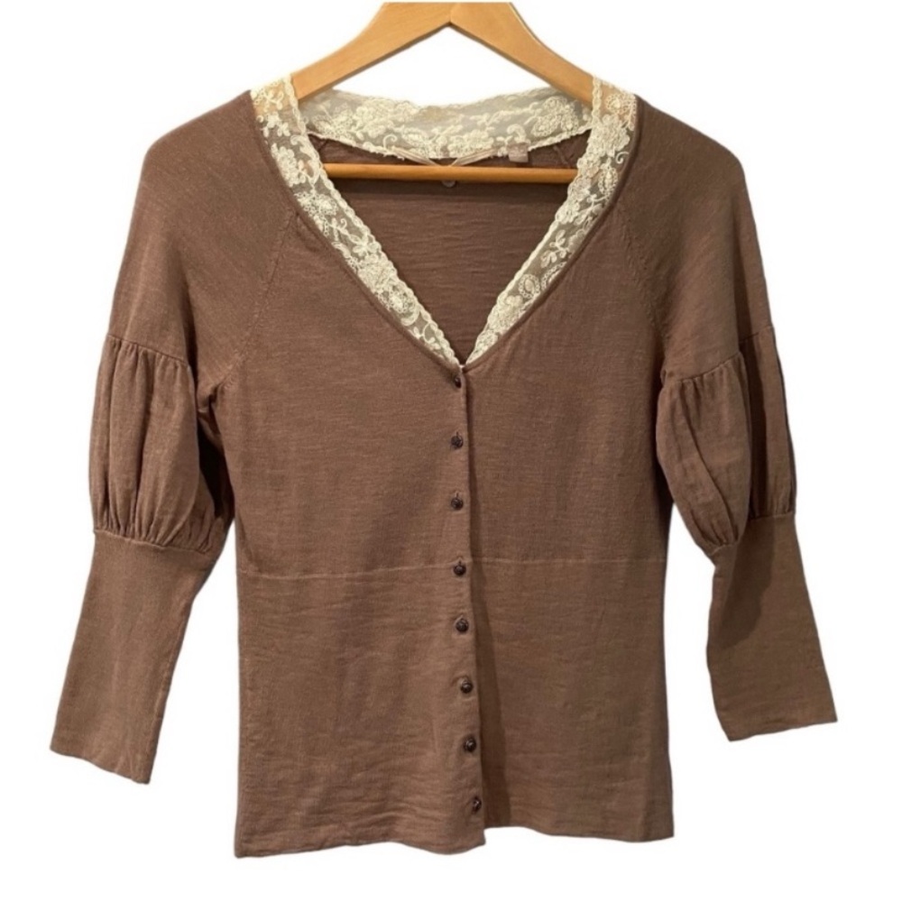 Knitted & Knotted Anthro Taupe Lace V-Neck Metalic Buttons 3/4 Sleeve Sweater S